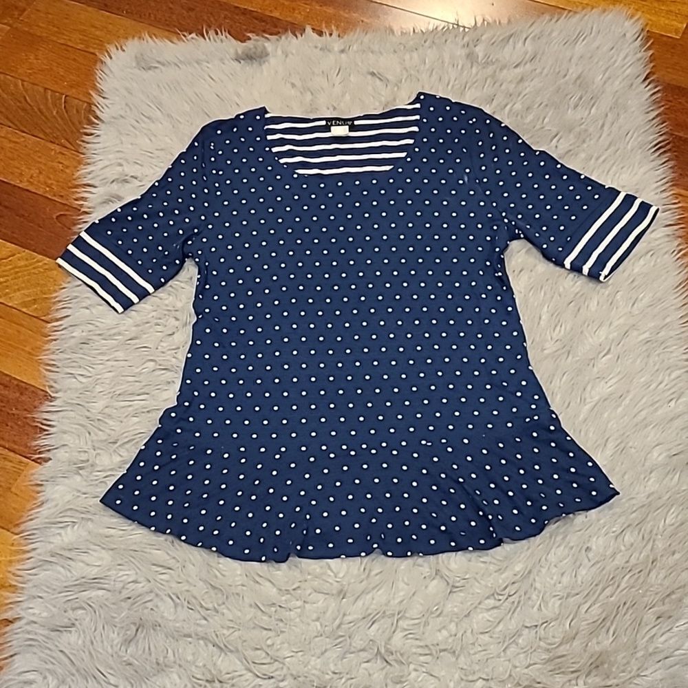 Venus Womens Navy Blue And White Polka Dot Tshirt With Flowy Bottom